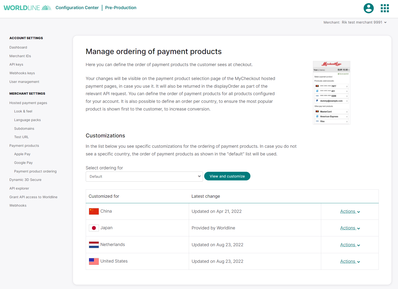 Payment product ordering menu